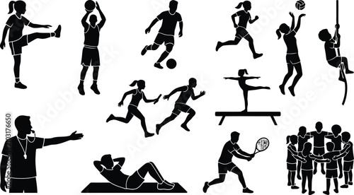 Bild auf Leinwand Collection of black silhouette showing children and coaches participating in var