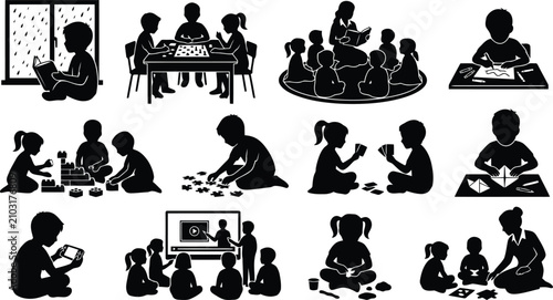 Foto Collection of black silhouette showing children engaged in indoor activities, pl