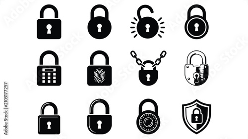 Collection of diverse padlock icons representing security access and protection with varied locking mechanisms and shield emblem