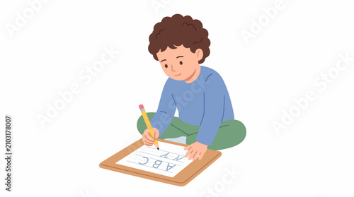 Young boy with curly hair sitting cross legged writing ABCs on a clipboard with a pencil in white background.