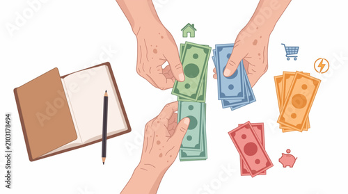 Hands exchanging money for different expenses like housing shopping and utilities with a notebook for budgeting in white background.