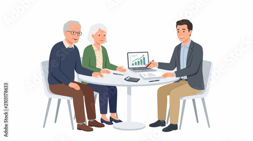 Financial advisor meeting with elderly couple discussing investment growth on laptop screen with charts in white background.