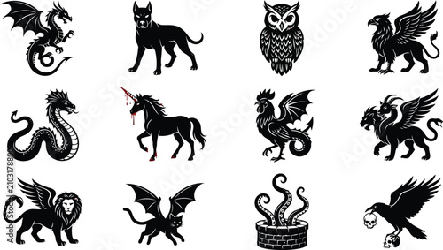 Obraz na płótnie Mythical and legendary creatures collection featuring dragons, griffins, unicorn