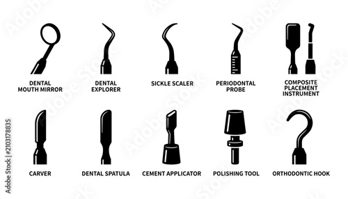 Foto Dental Tools Set Including Mouth Mirror, Explorer, Sickle Scaler, Periodontal Pr