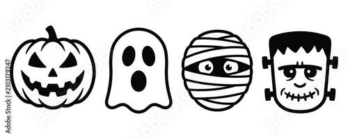 Halloween doodle collection with pumpkin, ghost, mummy, and frankenstein. Scary funny cartoon vector icons set. Spooky outlines for design.