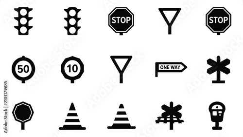Tableau sur toile Collection of traffic control symbols including signals cones and signs on a whi