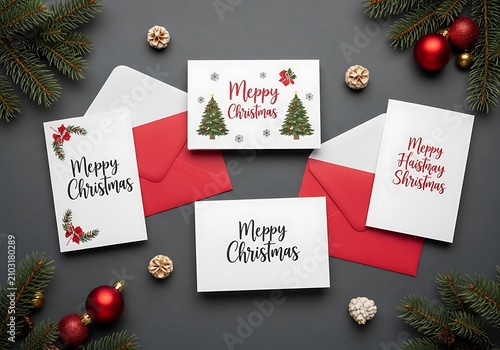 Merry christmas greeting cards set with festive decorations