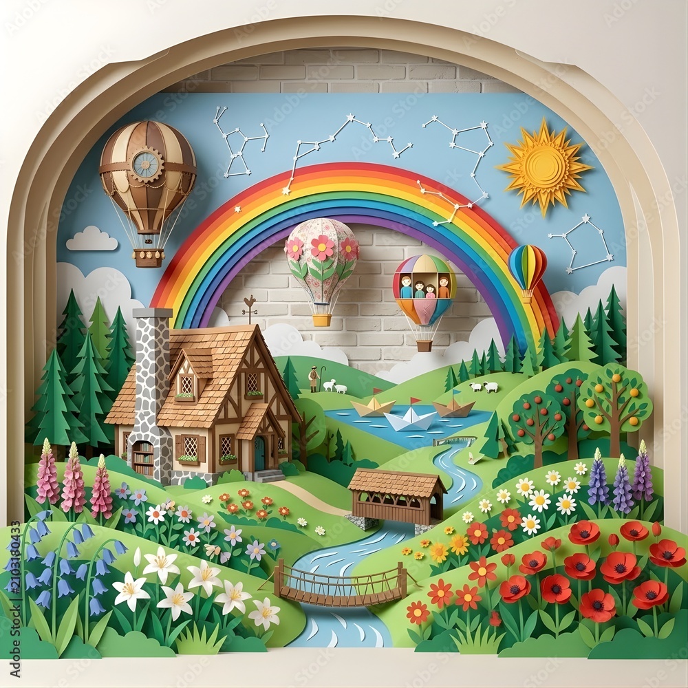 Fototapeta premium Whimsical Paper Craft Landscape: Cottage in a Blooming Meadow with Rainbow and Hot Air Balloons