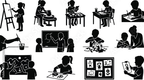 Bild auf Leinwand Set of black silhouette depicting children engaged in arts and crafts, painting,