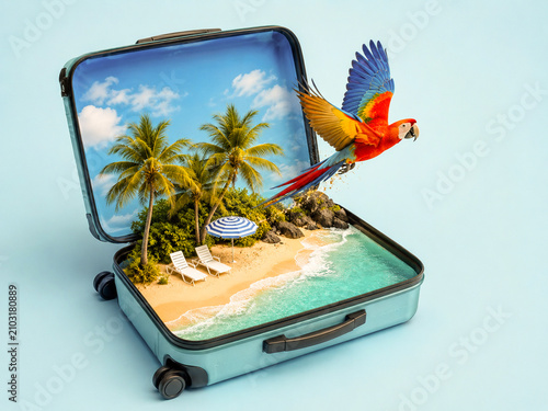 Open suitcase revealing a powerful turquoise ocean wave and a miniature tropical island.