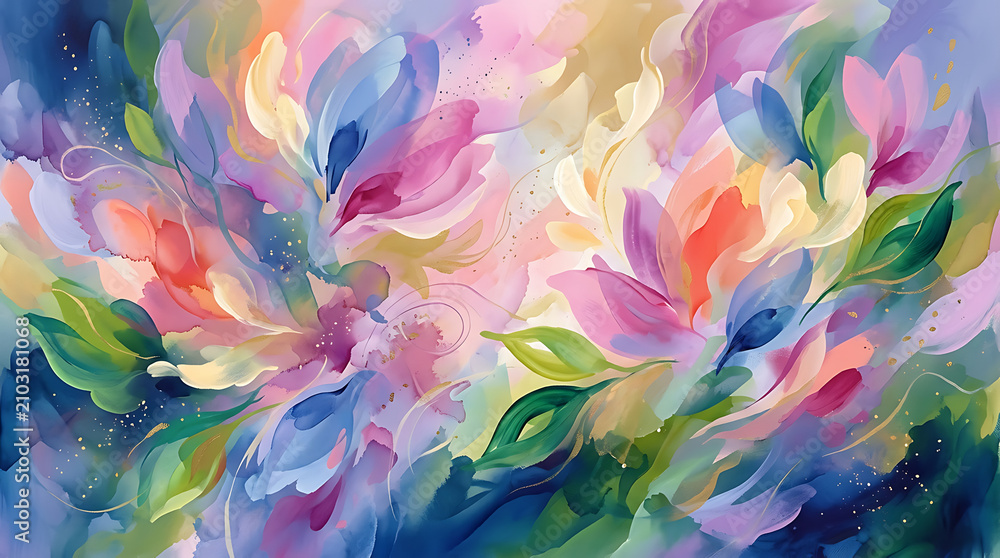 Fototapeta premium Flowers in a vibrant watercolor painting display an abstract array of colorful blossoms and soft organic shapes.