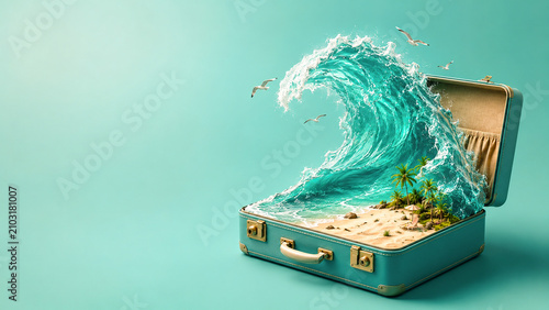 Open suitcase revealing a powerful turquoise ocean wave and a miniature tropical island.