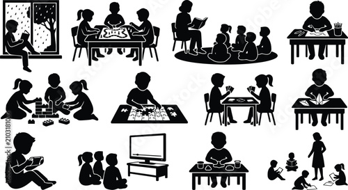 Cuadro en lienzo Set of black silhouette depicting children engaged in indoor activities, playing