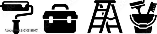 A collection of simple black vector icons representing house renovation equipment, including a paint roller, a tool box, a ladder, and a cleaning bucket.
