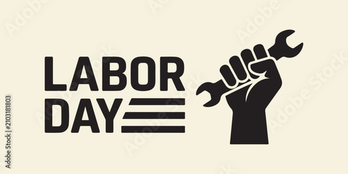 Labor day celebration vector logo icon isolated on white background with red raised fist holding wrench worker union and industry solidarity concept