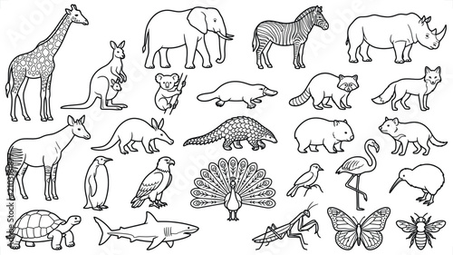 Canvas Print Diverse Wildlife Collection Isolated On White Background With Clean Linework Sty