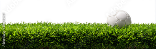 Soccer ball rolls on green grass in a wide-open space during sunny daytime