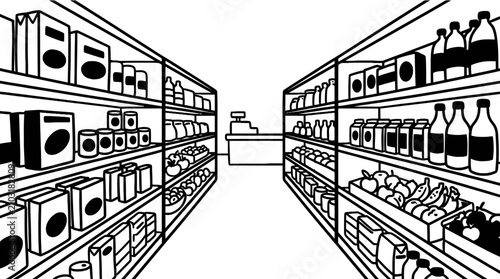 Tableau sur toile Black and white illustration of a grocery store aisle with shelves stocked with boxes, bottles, cans, and produce, and a checkout counter visible in the background