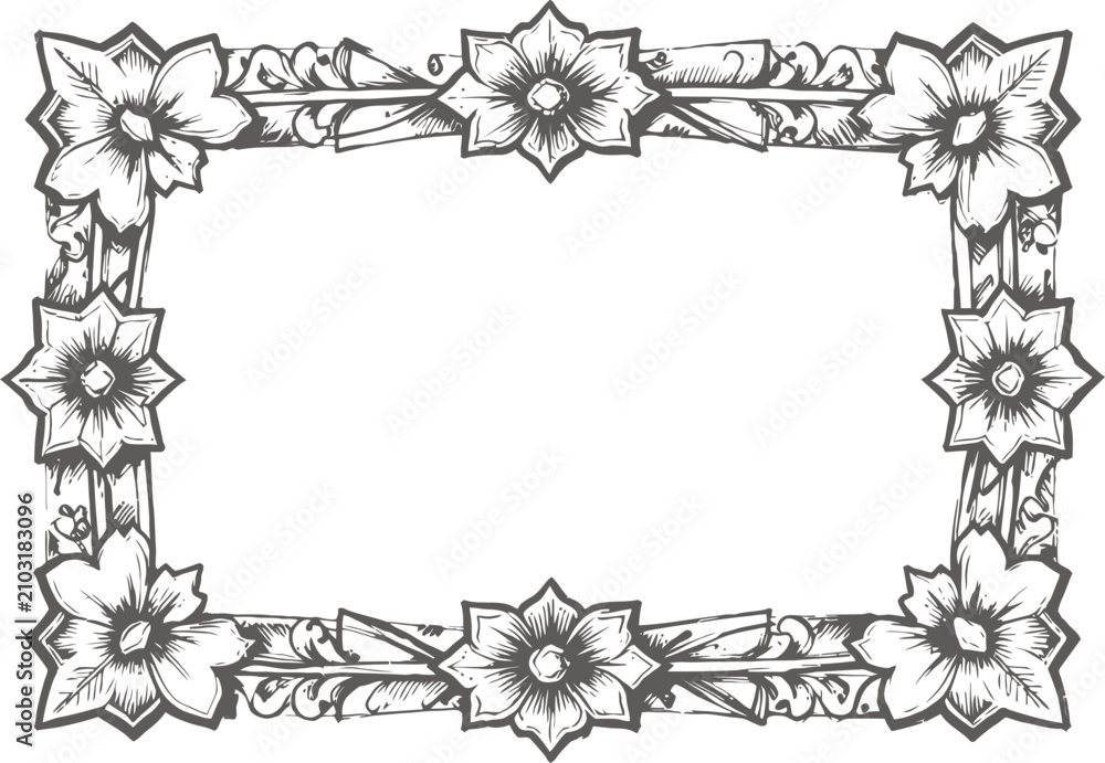 Obraz premium decorative floral frame border with symmetrical flower and leaf design in black and white