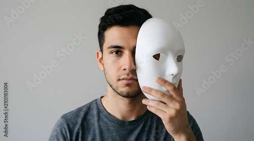Mysterious halloween portrait young man holding a blank white mask concealing identity for spooky season
