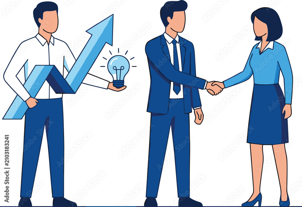 Fototapeta premium Business partnership contract agreement flat line illustration with handshake team holding growth chart arrow and light bulb idea