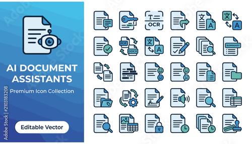 Ai document assistants icon set, artificial intelligence for document management and processing, digital file analysis, automation, and smart office tools vector icons