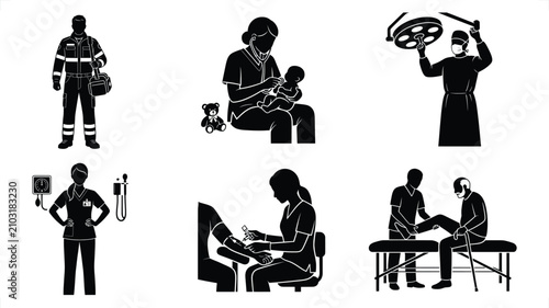 Medical professionals performing healthcare tasks in a clean clinical environment with clear iconography for healthcare concepts