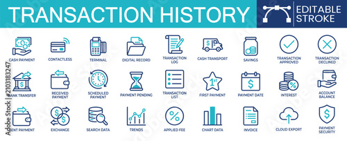 Foto Set of 27 outline icons related to transaction history