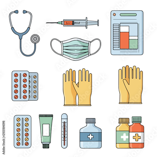Medical supplies and health care icons