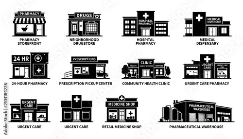 Pharmacies and Medical Facilities Icons Set with Various Types of Healthcare Buildings and Services Featuring Pharmacy, Clinic
