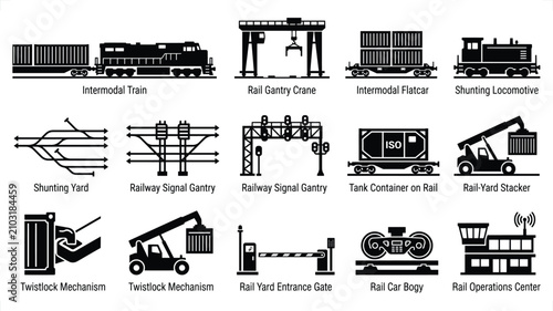 Konstfotografi Railway logistics icons with intermodal transport and yard equipment in a clean