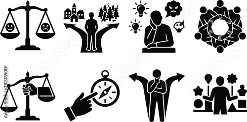 Photos PrintSolid black silhouette icon set representing business ethics, moral compass