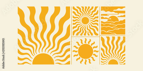 Retro sunburst vector illustration set isolated on cream background aesthetic line art sun ray shapes linocut style sunrise sunset graphics for print