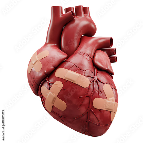 Realistic human heart model covered with adhesive medical bandages isolated on a plain white background