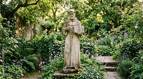 Stone statue of saint holding cross and book in lush blooming garden setting.
