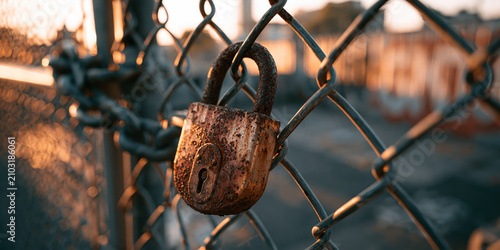 Rusty padlock secured on chain-link fence during golden hour