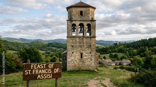 Ancient stone bell tower overlooking rolling green hills and village in Italian countryside.