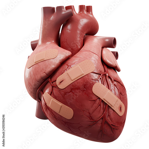Anatomical human heart model with adhesive bandages symbolizing medical recovery and cardiovascular health and wellness
