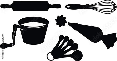 Photos Baking and Kitchen Utensils Concept Illustration Featuring Rolling Pin, Whisk, F