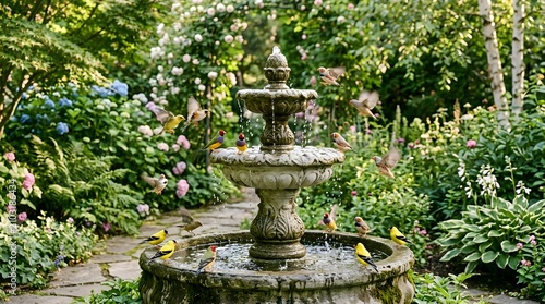 Colorful birds bathing and drinking at ornate stone fountain in blooming garden.