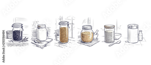 Quadro su tela Kitchen storage jars sketch illustration set of glass canisters with pantry grains and flour on kitchen counter in rustic hand drawn engraving style for home organization and cooking design concepts