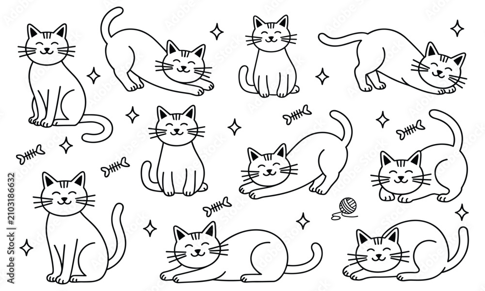Fototapeta premium Collection of cute hand drawn cartoon cats in various playful poses with happy emotions on a clean white background.