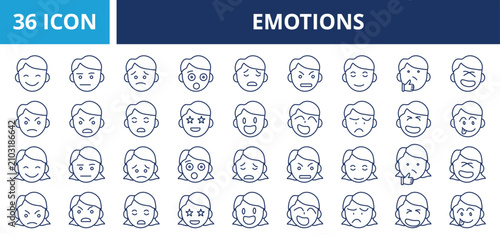 Emotions web banner icon set outline vector illustrations concept with icon expression, face, emotion, smile, happy, sad, character