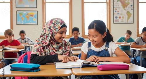 Muslim student in hijab reading a textbook with classmate in primary school