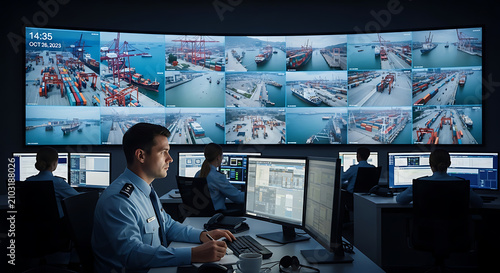 Security operators monitoring shipping docks on a large CCTV screen wall