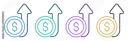 dollar growth upward arrow coin outline icon set on transparent background