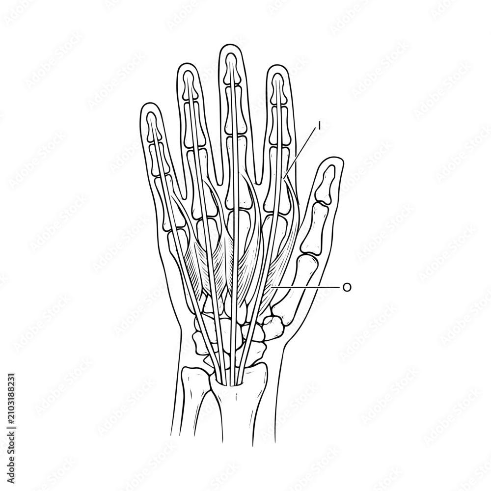 Naklejka premium Anatomy diagram of human hand muscles and tendons for surgical and medical reference.