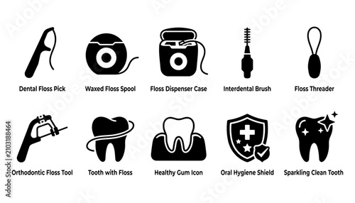 Εκτύπωση καμβά Dental Floss Tools and Icons for Oral Hygiene Featuring Care, Teeth, Cleaning wi