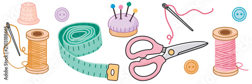 set with sewing accessories in cute cartoon style