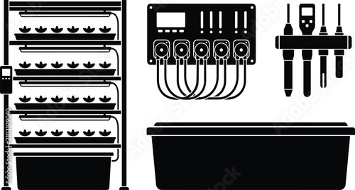 Fotografie Hydroponic Farming System Concept Illustration Featuring Vertical Plant Rack wit